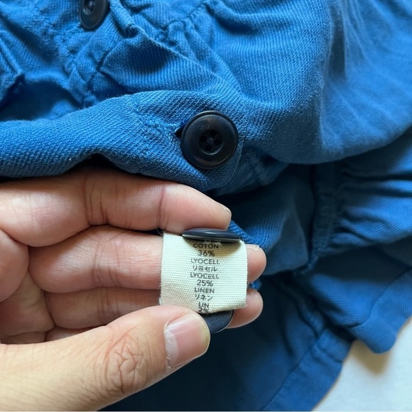 THE GREAT. Blue denim button up peplum ruffle long sleeve crop top shirt jacket - Picture 6 of 6